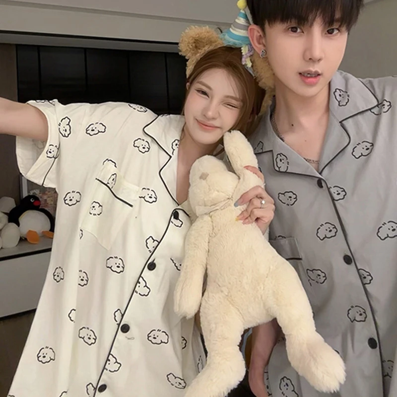 卡通翻领情侣款睡衣夏季女士短袖薄款甜美男大码宽松ins两件套装