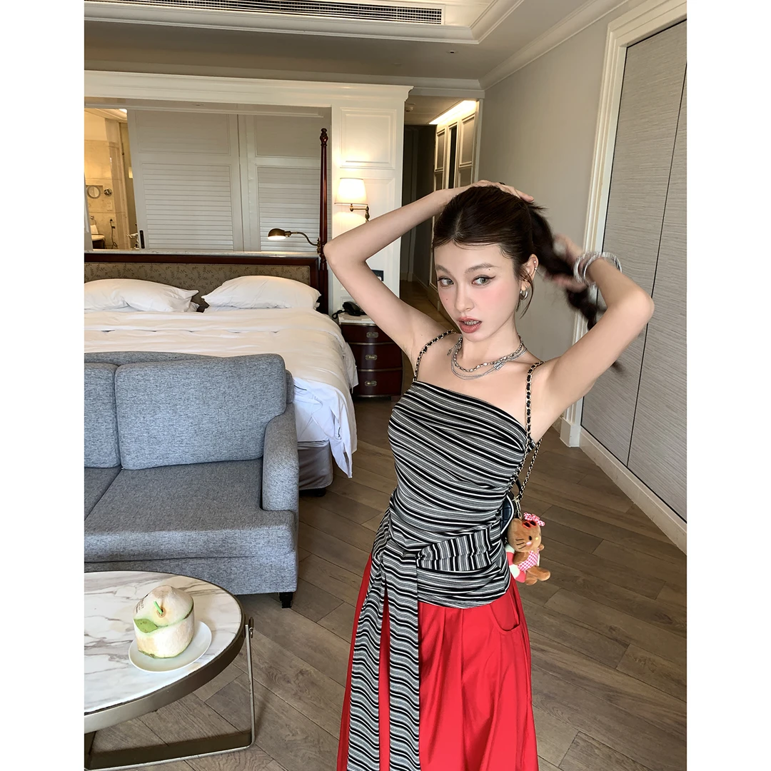 【布朗尼礼物】系带条纹抹胸上衣修身外穿4355