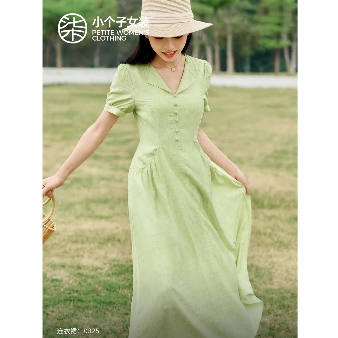 【柒量一裁】0325小个子微泡泡袖小翻褶有口袋清新绿色连衣裙配吊带