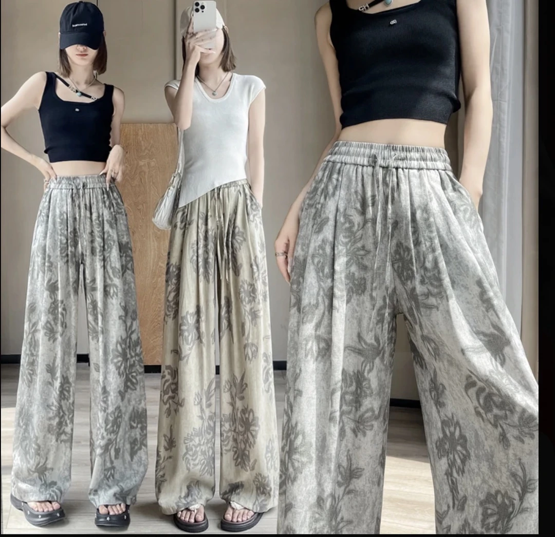 【青花】夏季直筒薄款高腰垂感透气印花阔腿裤女休闲慵懒风防晒