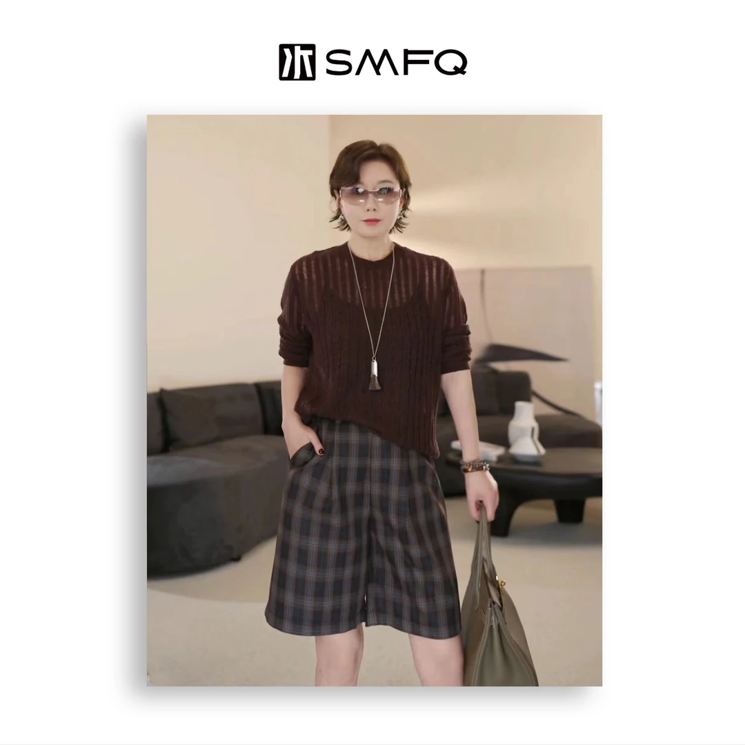水木夫妻“英伦格子中裤”进口羊毛格子裤早秋显瘦五分裤女