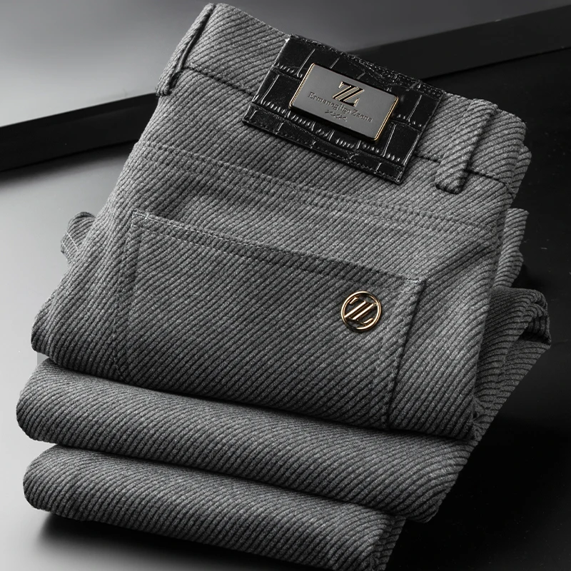 约蒂宾弗灰色牛仔裤男秋冬厚款时尚皮牌休闲修身弹力直筒长裤子