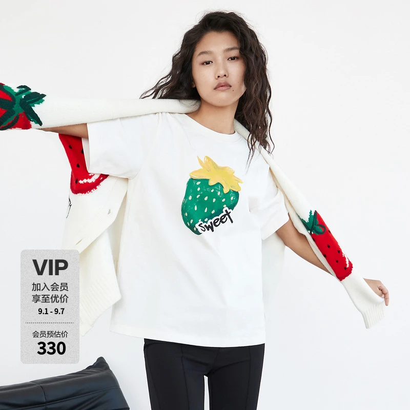 MOCO夏季刺绣字母彩绘草莓印花短袖T恤MBC1TEET28