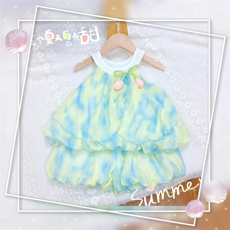 J夏季款女童时尚洋气郁金香吊带两件套女宝韩版休闲甜美套装X154