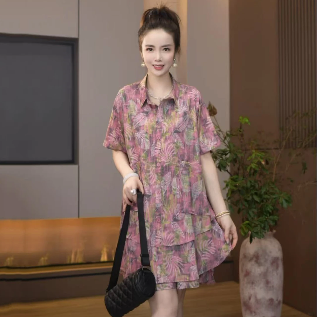 L-868粉黛宽松休闲套装夏季新款POLO领衬衫百搭短款两件套