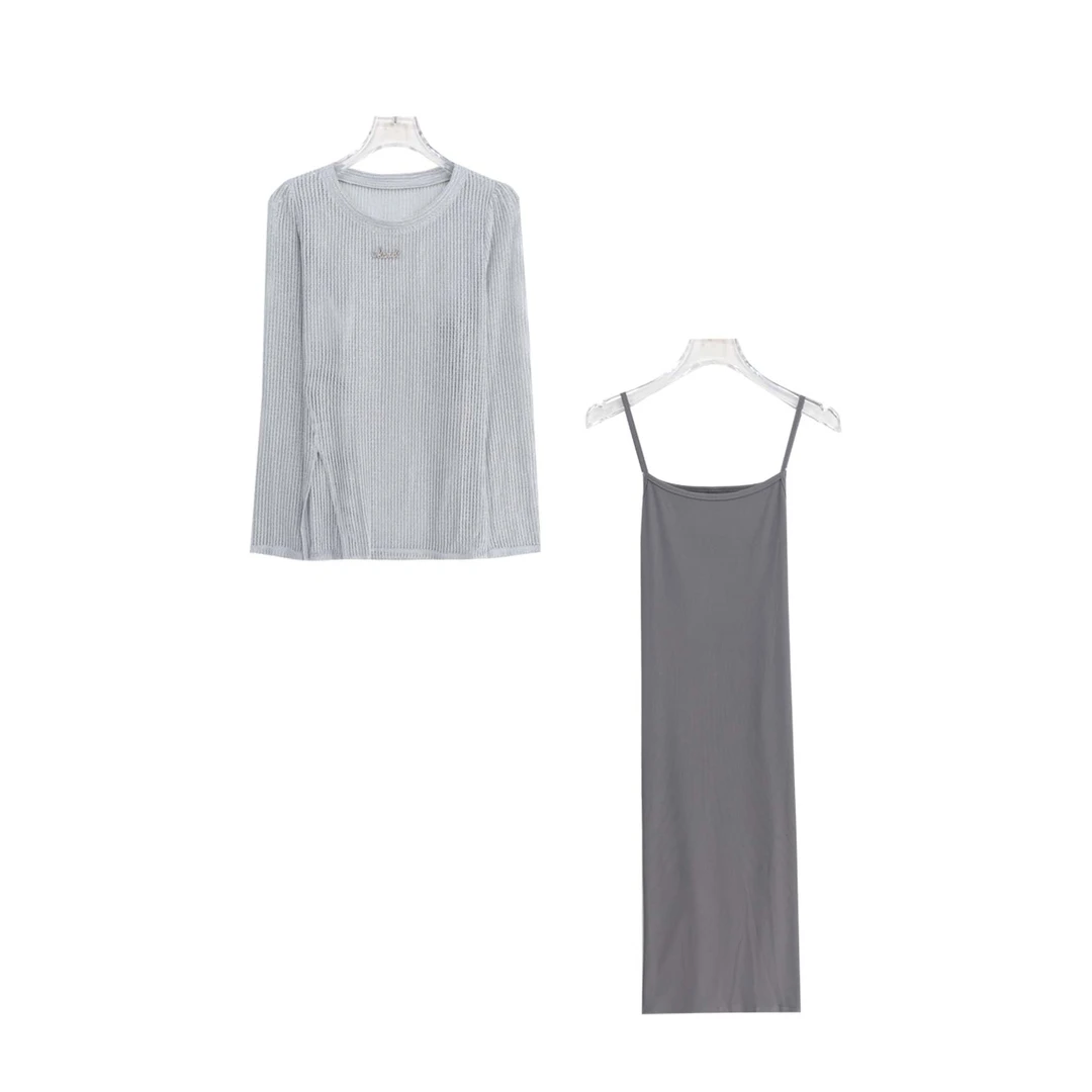 S法式镂空慵懒罩衫吊带连衣裙两件套S3638（赠腰带随机发）