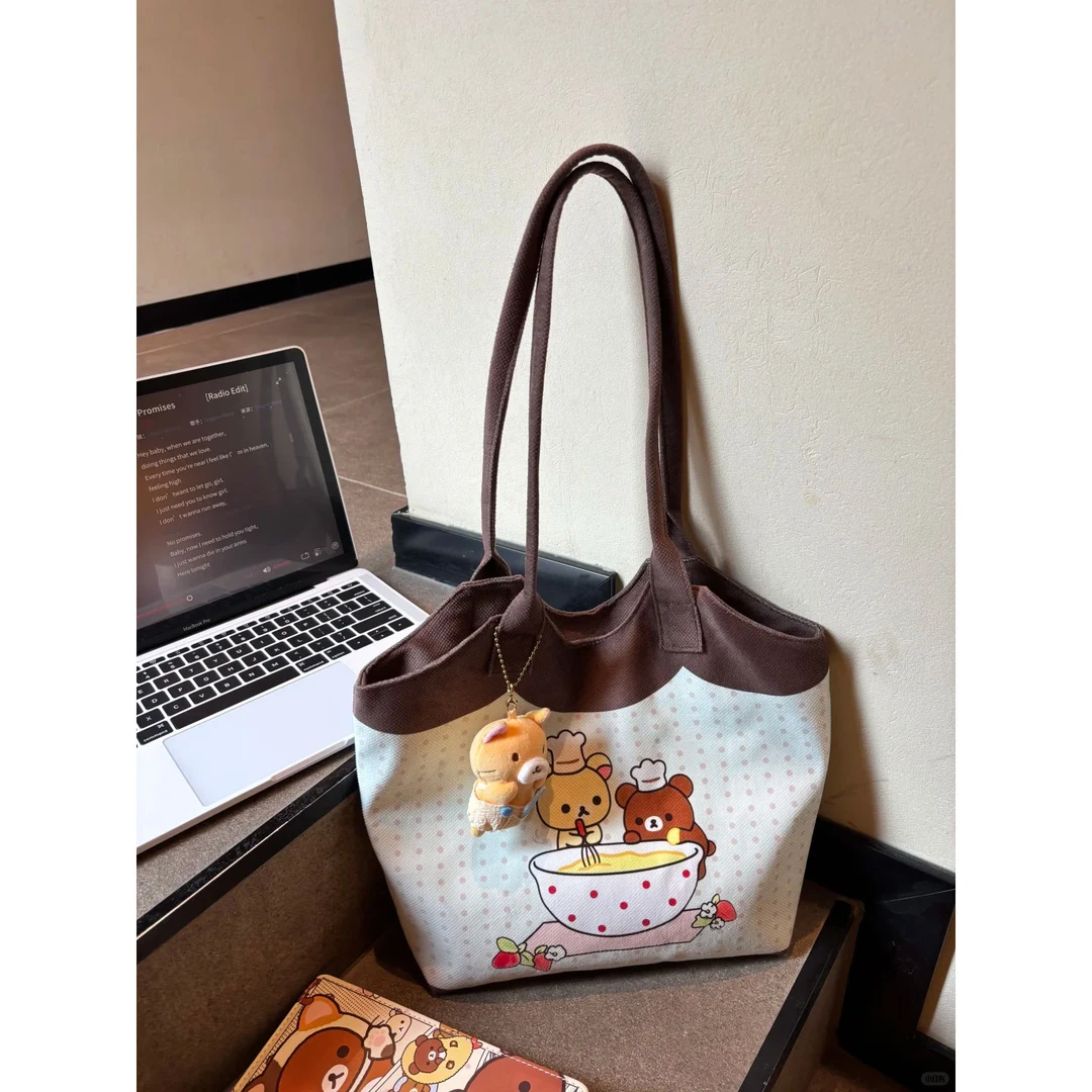 可爱轻松熊帆布托特包女2025新款卡通大容量单肩包通勤腋下手提包