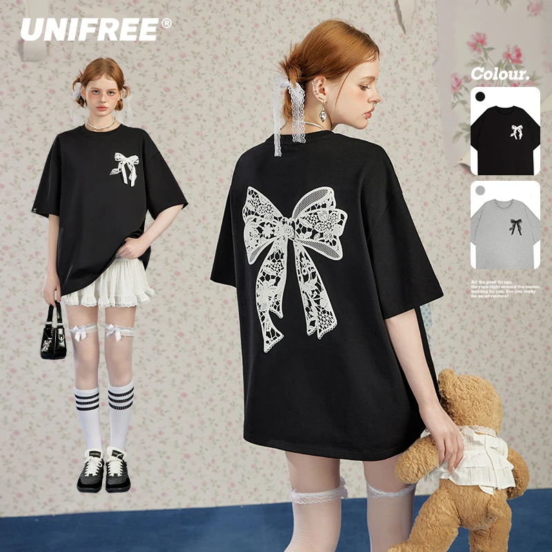UNIFREE简约夏季短袖T恤女新款蕾丝蝴蝶结印花美式青少年百搭上衣