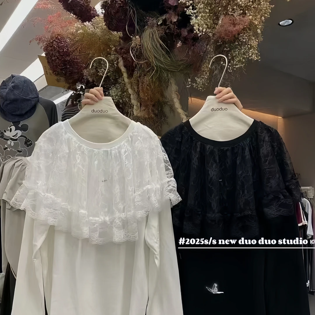 宽松百搭蕾丝荷叶花边拼接娃娃领上衣2025秋新款