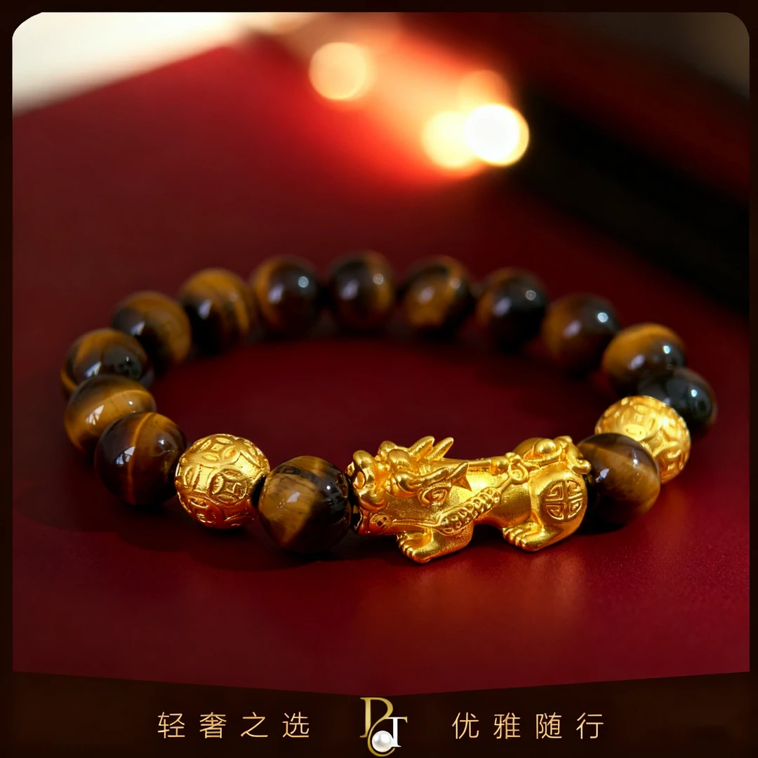 铜合金手链 手作古法虎眼石貔貅钱币珠手串佩戴手饰