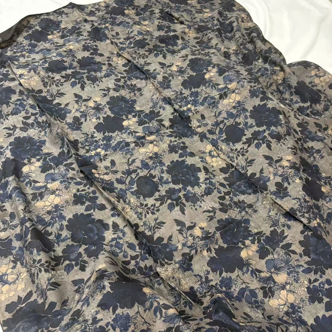 140摊雾香云纱-花忆蓝调-湖丝重缎 135cm丝巾