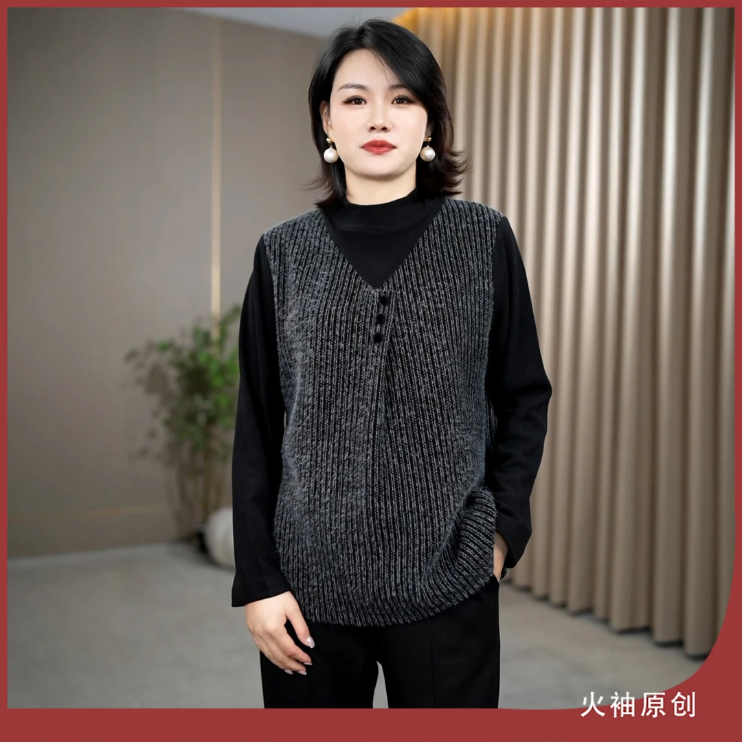 火袖G2343中老年半高领假两件上衣女秋冬新款保暖长袖妈妈装小衫