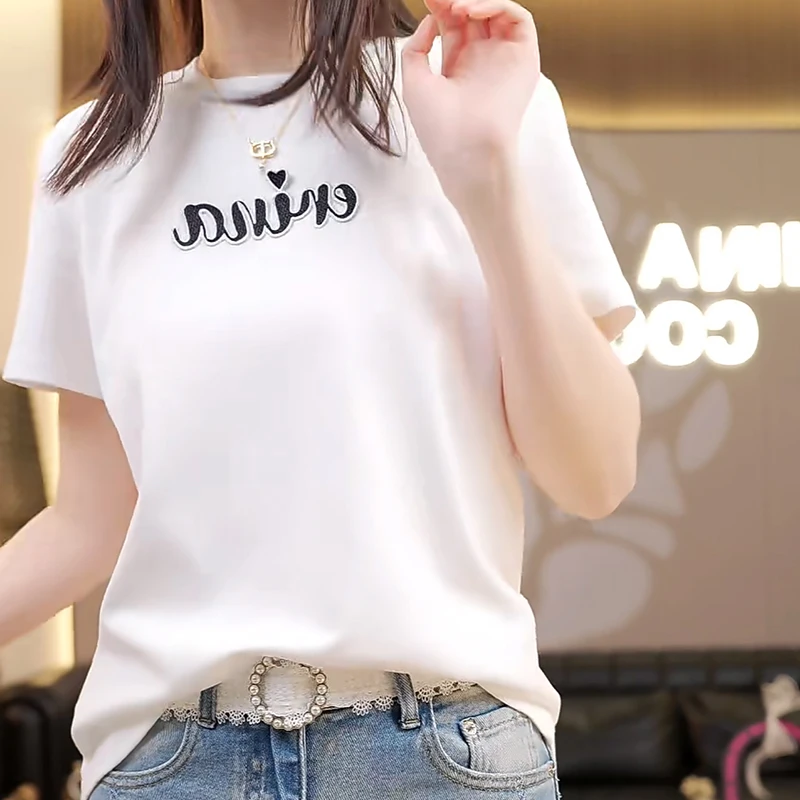 圆领短袖印花字母简约风T恤百搭白色休闲女士潮流时尚半袖3100