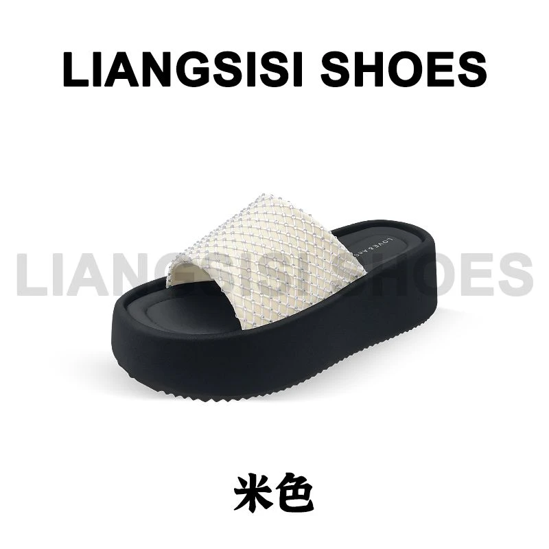 梁思思SHOES新款百搭不累脚厚底水钻一字拖-9658