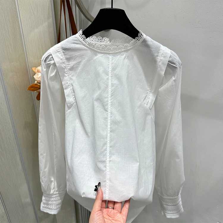 高端欧货春季新款高级感法式气质灯笼袖花边圆领套头长袖衬衫上衣