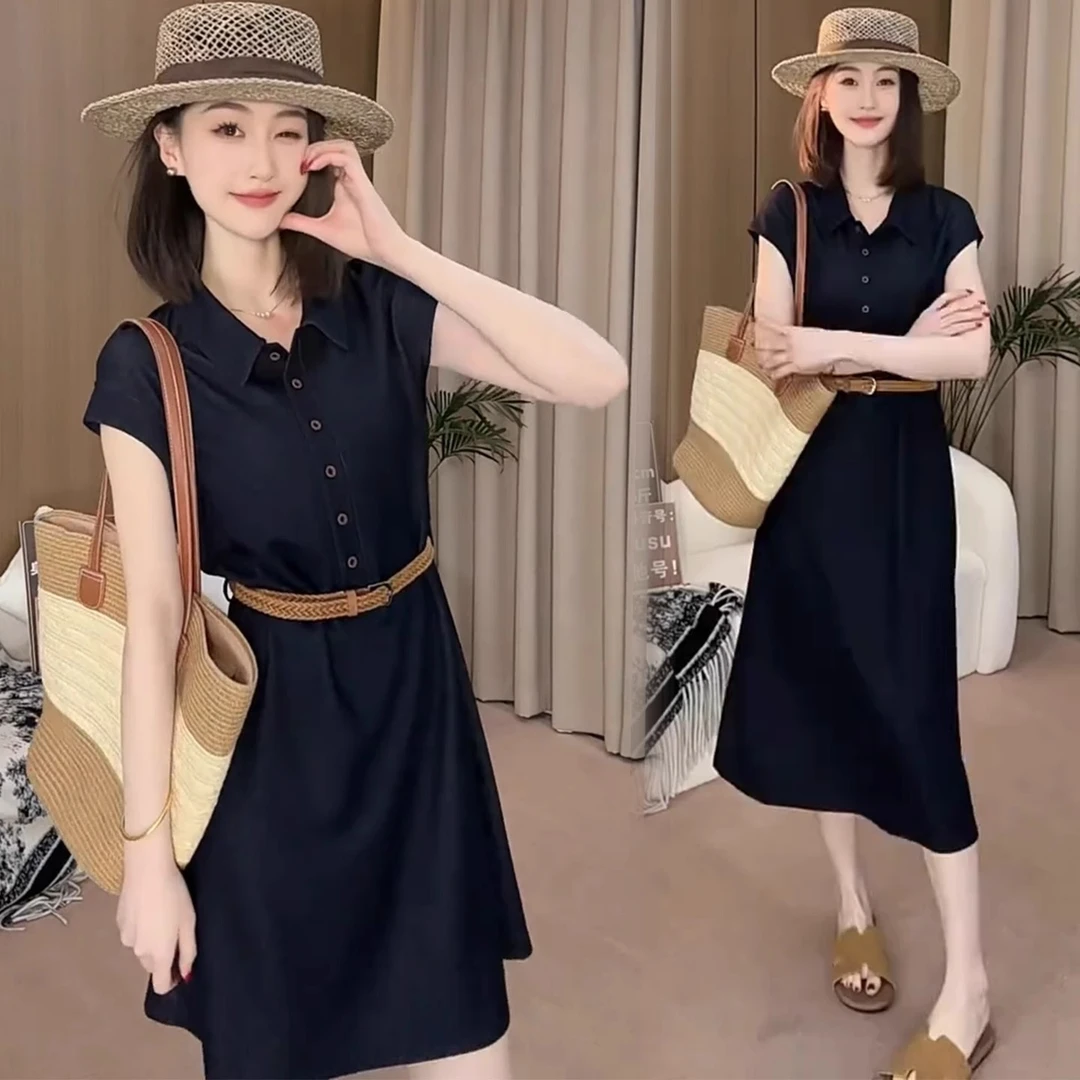 时尚洋气连衣裙女2025夏季新款气质减龄显瘦翻领短袖收腰中长款裙