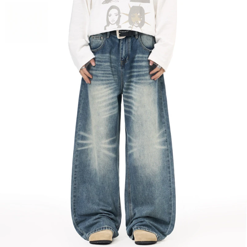 美式cleanfit水洗猫须裂纹牛仔裤男春季老钱风潮流宽松直筒休闲裤