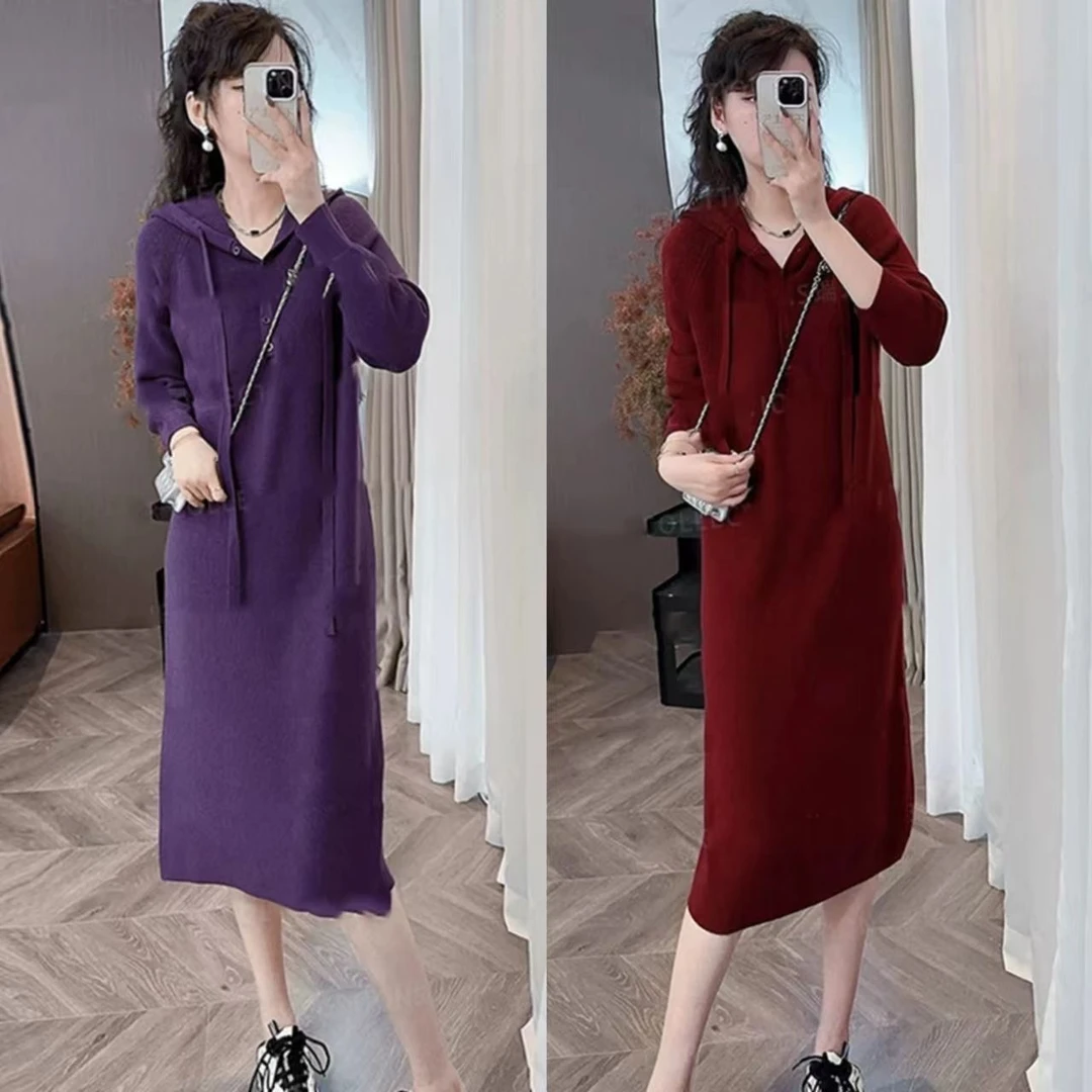 连衣裙连帽韩版秋季卫衣裙打底秋冬过膝大码中老年女装裙子