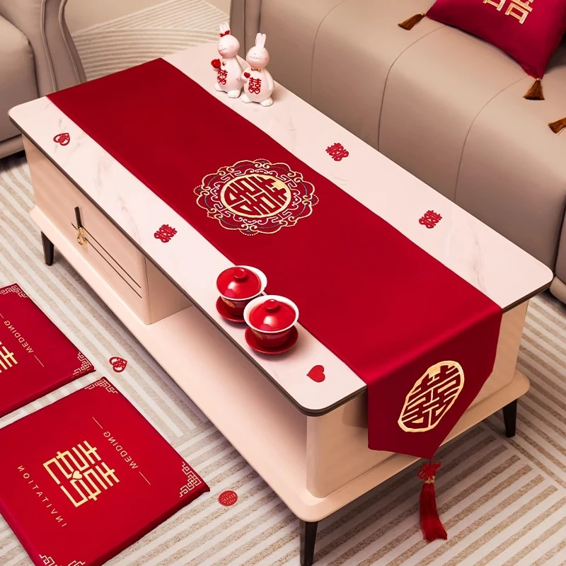 结婚桌旗红色结婚桌布茶几餐桌盖布婚房装饰婚电视柜盖布婚礼用品