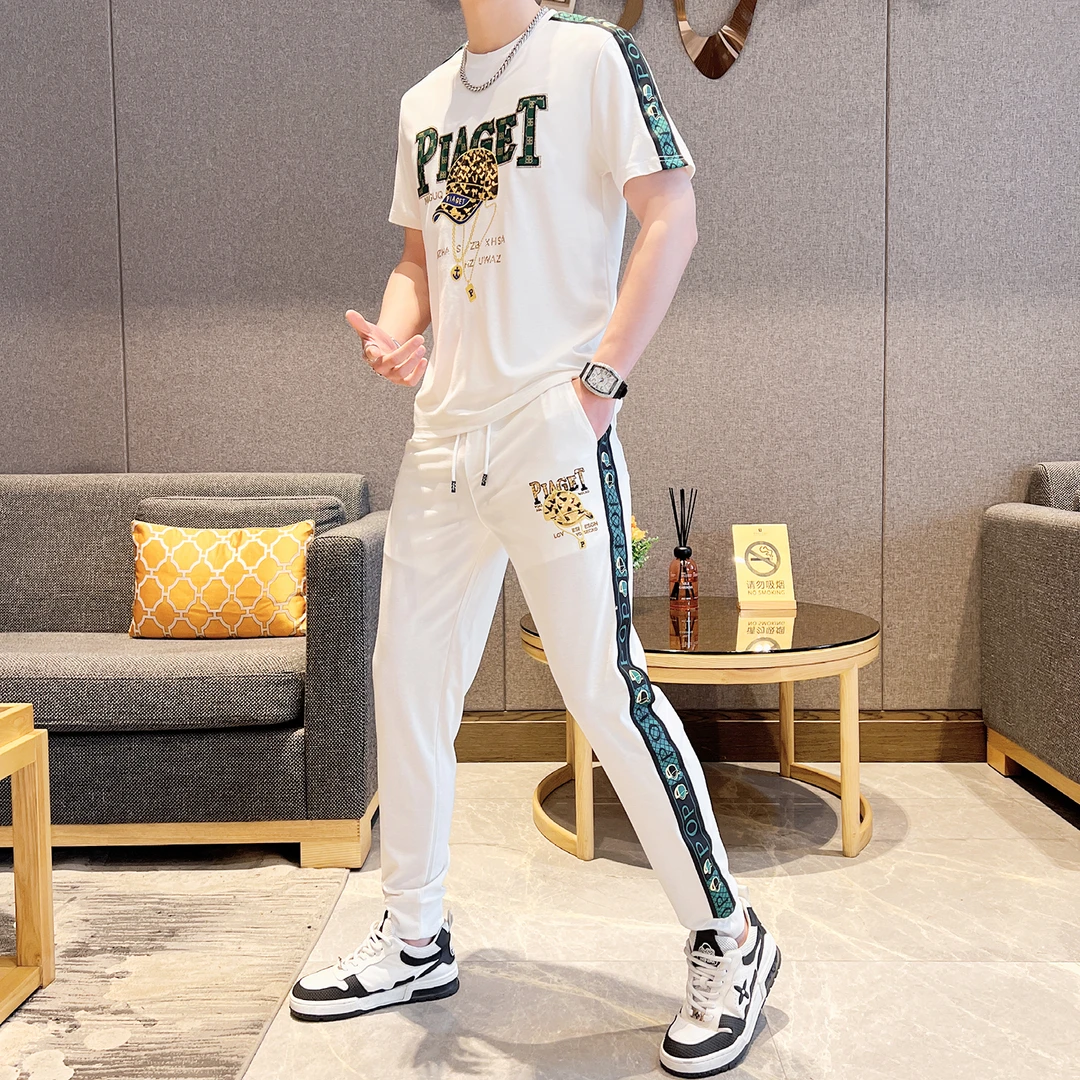 斯狄奈勒男士夏季新款韩版烫钻圆领短袖束脚裤两件套休闲刺绣套装