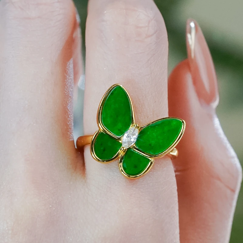 天然翡翠A货银镶嵌时尚简约满辣绿玉蝴蝶翡翠戒指情人节礼物
