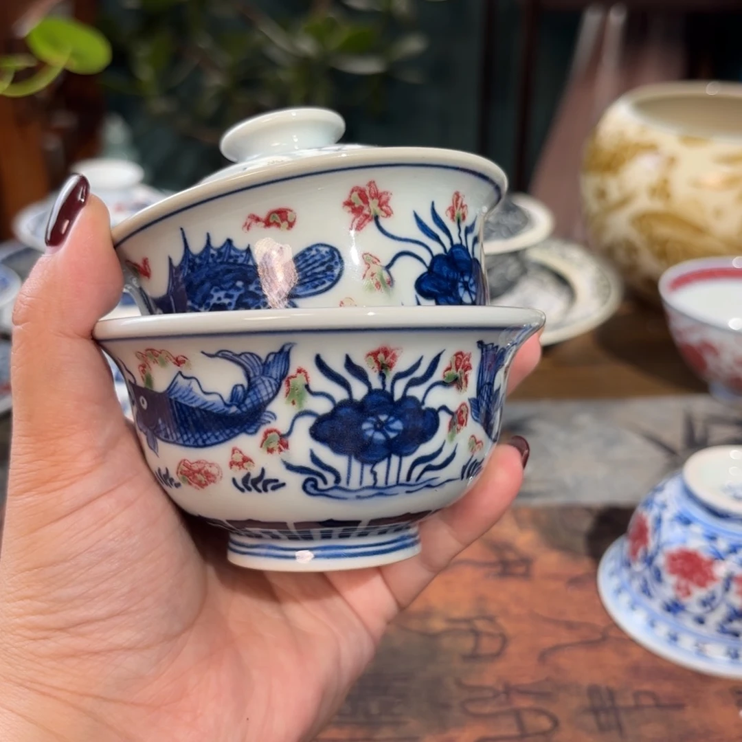 青花釉里红鱼藻两件套