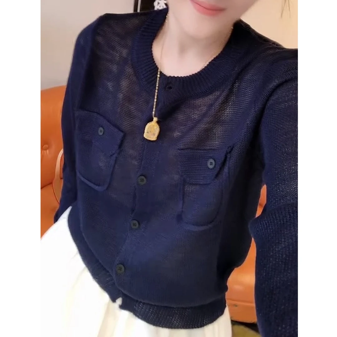 法式简约风百搭复古显白深蓝色上衣女2025早秋圆领纽扣长袖针织衫
