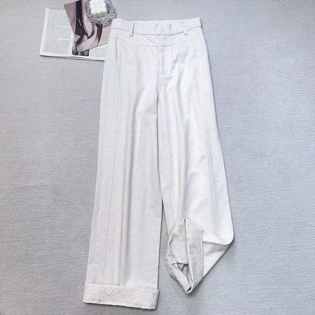 【小黑家】长100+5原色质感点纱工艺脚口拼蕾丝直筒牛仔裤168099