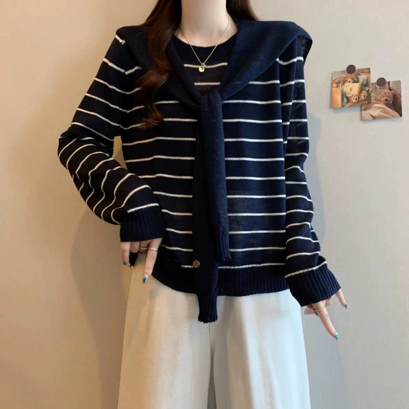 秋季新款女圆领藏青条纹披肩长袖针织衫小个子显瘦百搭慵懒风毛衣