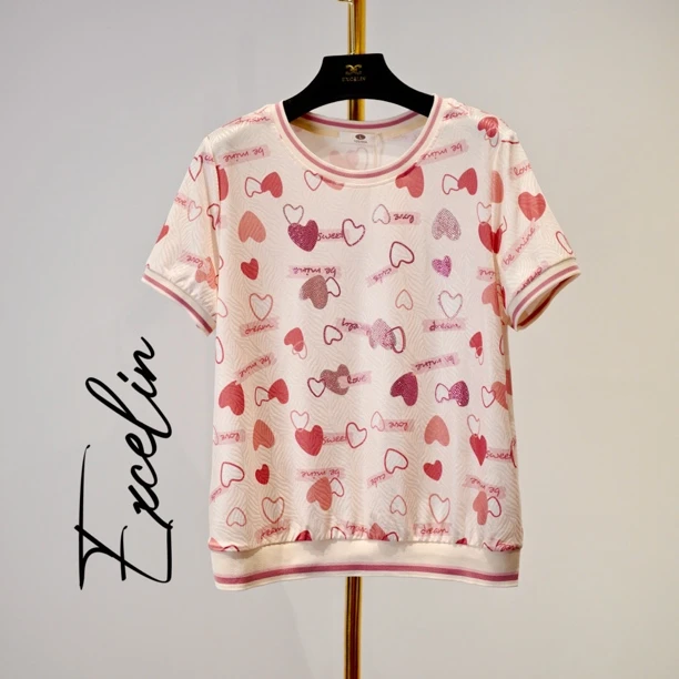 【烟霞粉冰丝爱心圆领】夏季薄款显瘦减龄烫钻休闲短袖T恤女式上衣