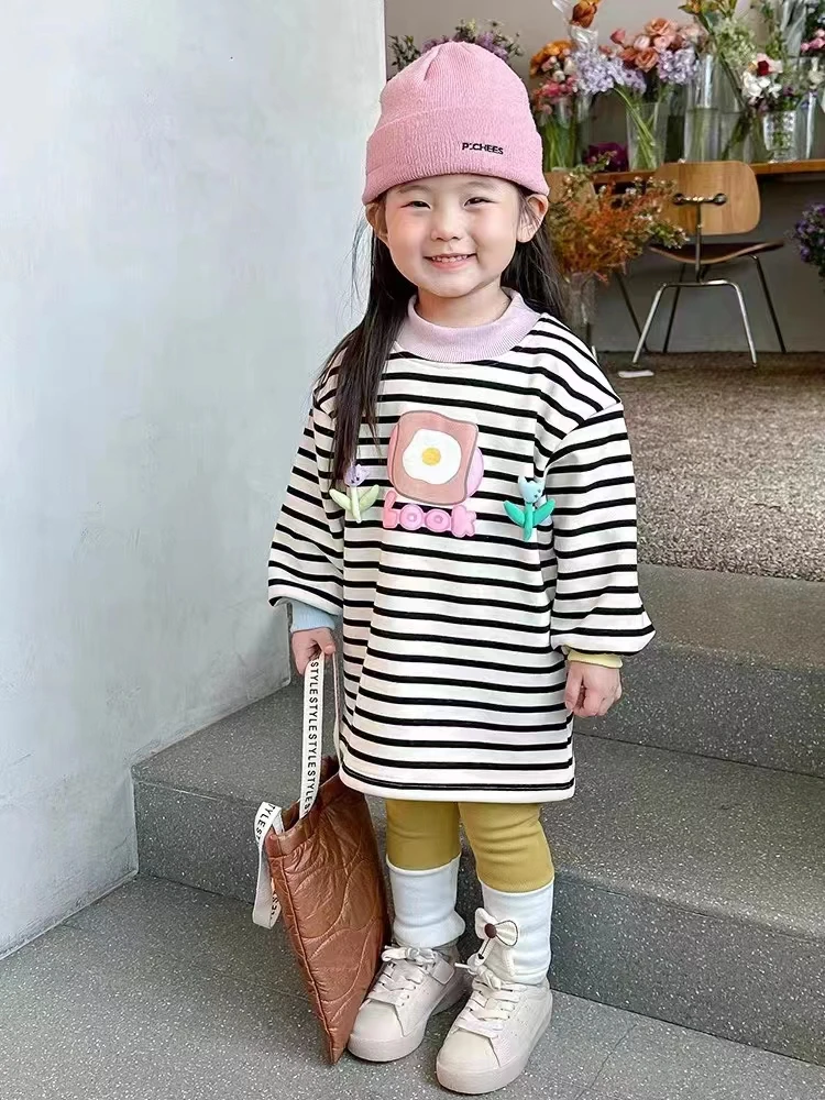 现货AC061女童冬季条纹小花卫衣裙