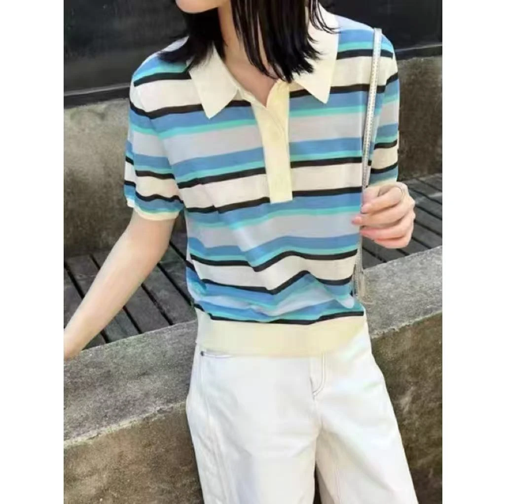 马卡龙元气彩色条纹拼色薄款翻领POLO短袖针织衫~P868L小静折扣
