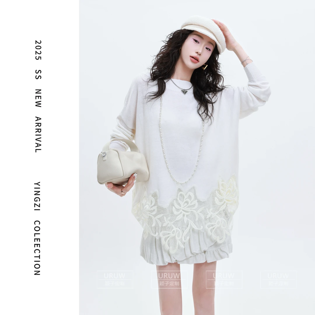 颖子定制【气泡奶昔】设计感蕾丝拼接针织上衣简约宽松针织衫9879
