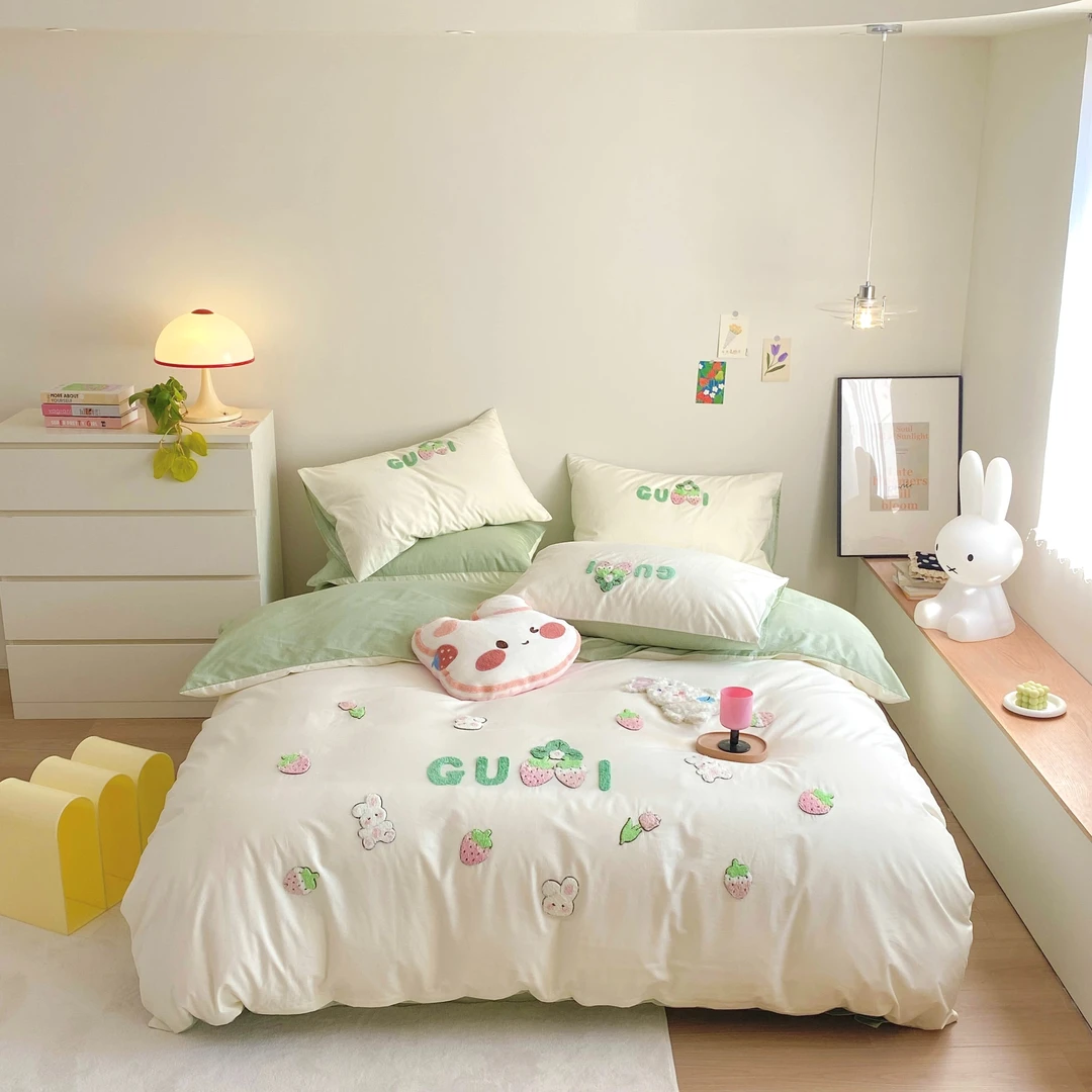 小玲子 草莓白兔 全棉水洗棉三件套四件套  可爱小清新被套
