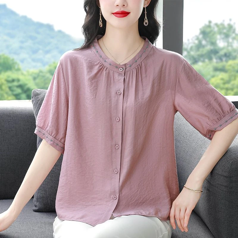 中老年上衣女透气舒适衬衫女绣花短袖小衫夏季新款宽松大码显瘦