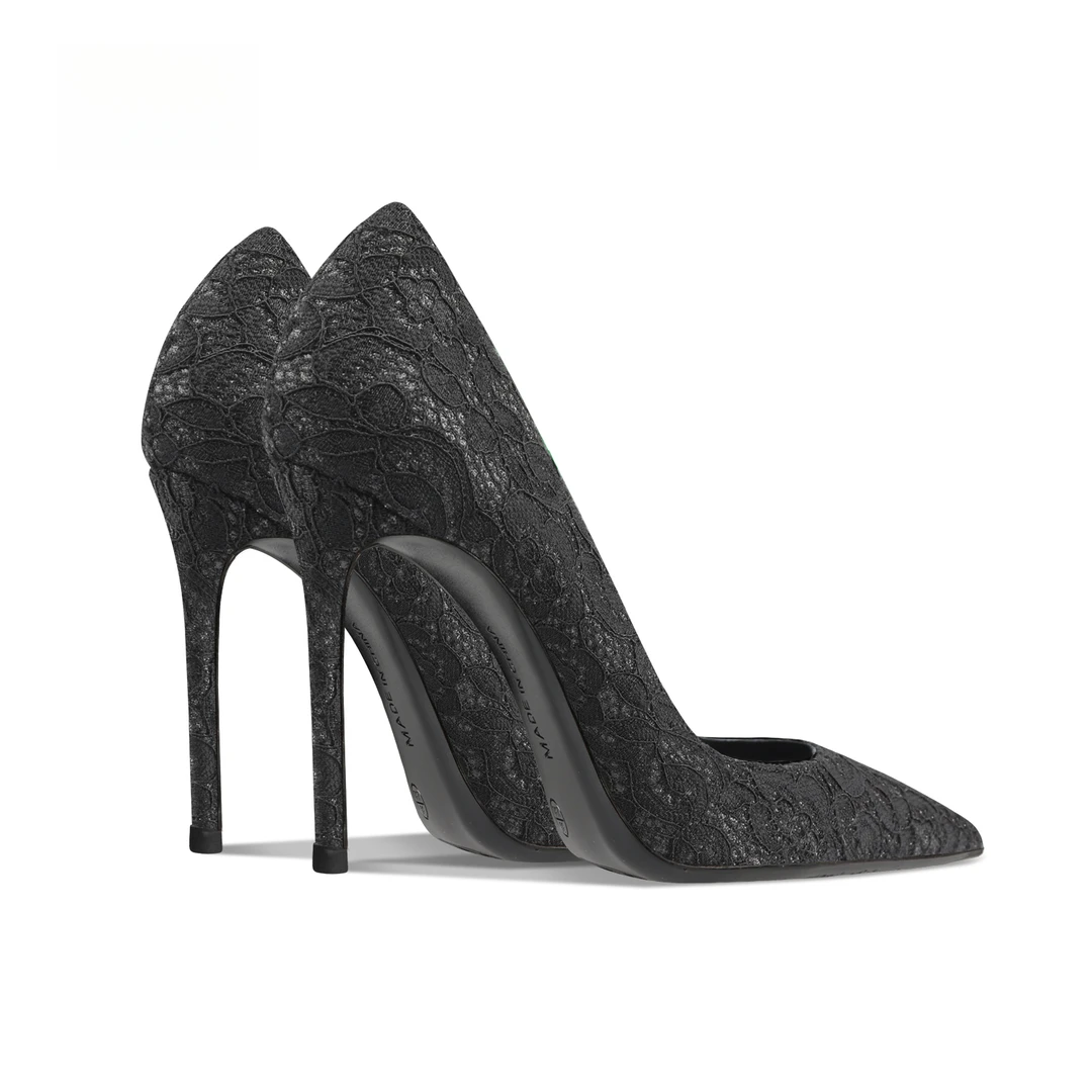 玛古芭黑色蕾丝高跟鞋女春夏新款性感百搭法式雕花细跟尖头高跟鞋
