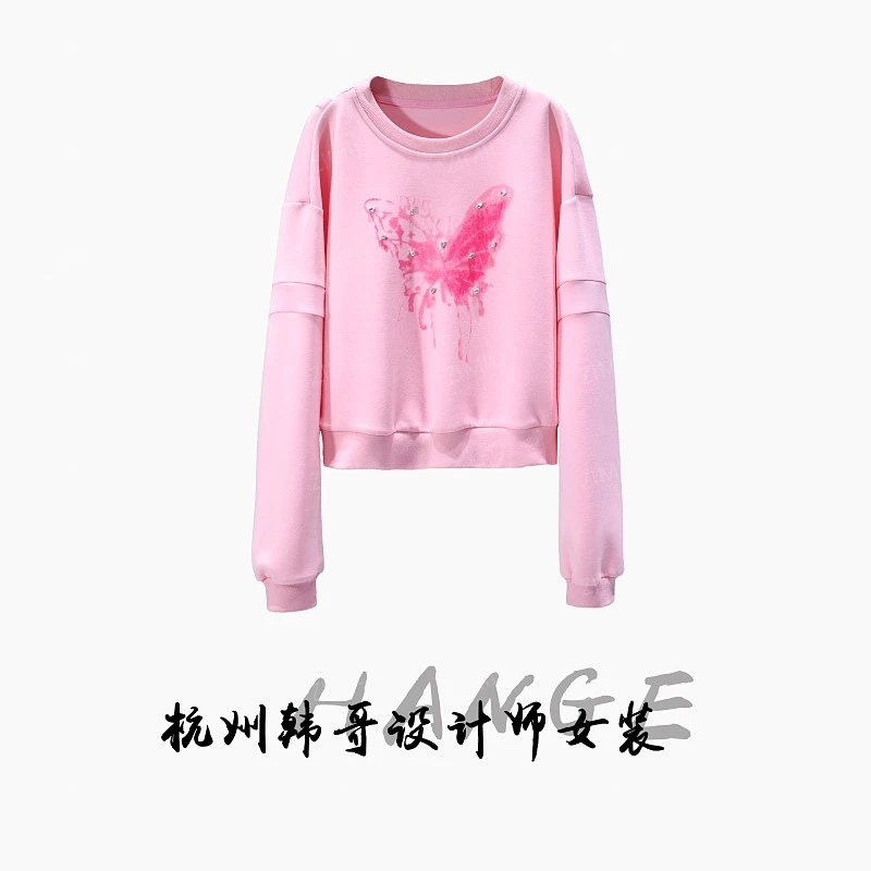【韩哥女装】2025秋冬《粉蝶》少女粉蝴蝶印花钉钻圆领卫衣6016-K3