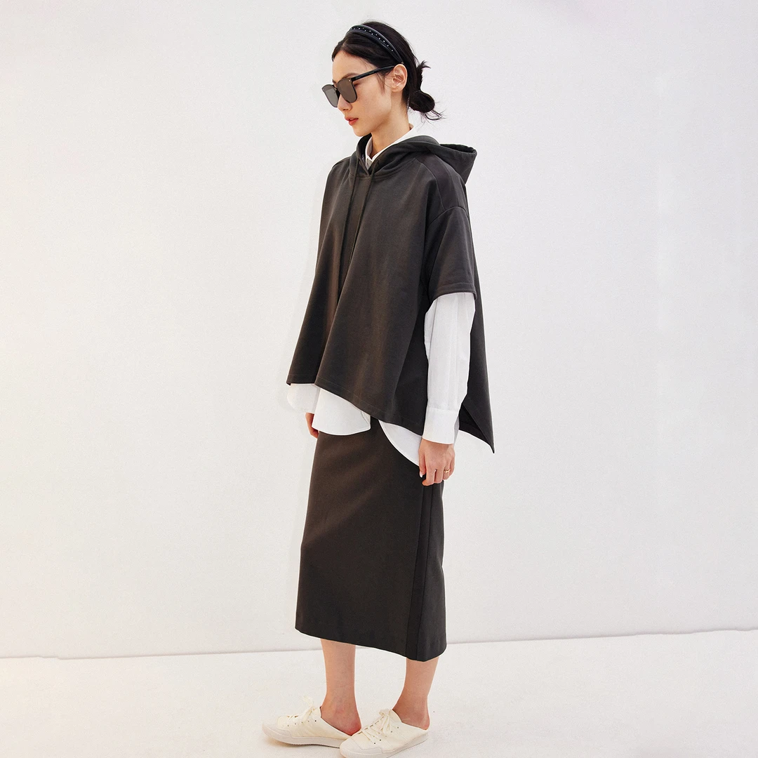 小虫髙端Athflow休闲宽松斗篷式连帽卫衣+铅笔半身裙TE3XWY002