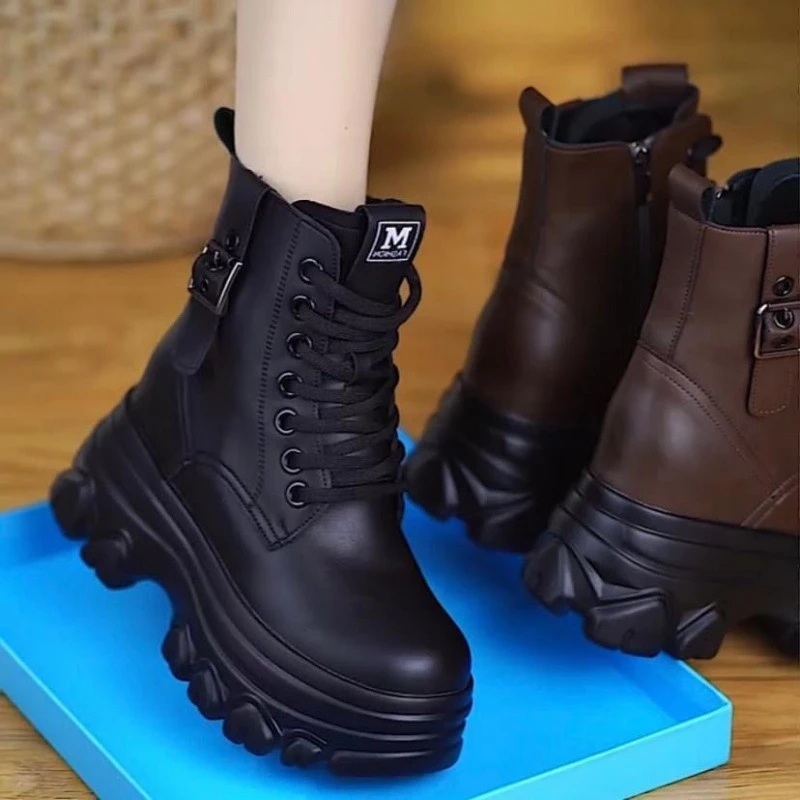 增高马丁靴女秋2025新款小个子真皮厚底短靴女冬季加绒防滑保暖鞋