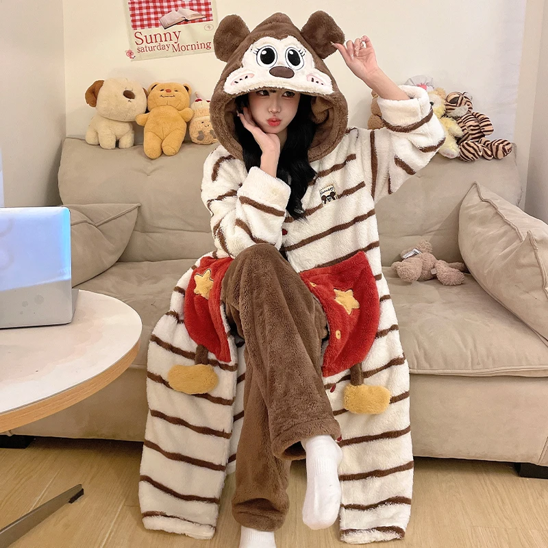 睡衣女款秋冬珊瑚绒加厚加绒中长款连帽睡袍两件套保暖浴袍家居服