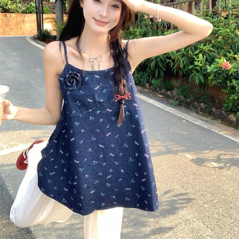 夏季新款复古蝴蝶结设计感小众牛仔吊带背心