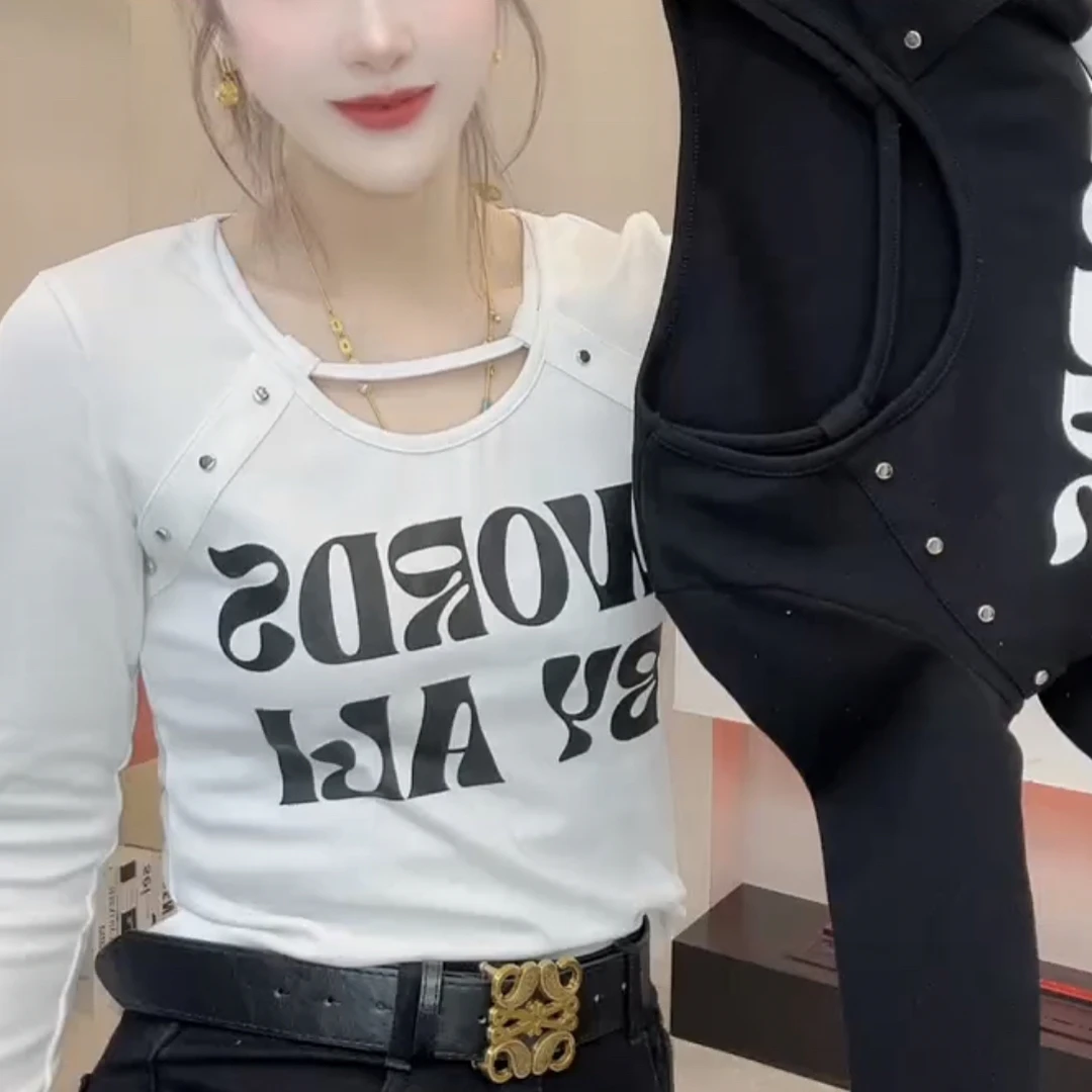 定制性感洋气挂脖铆钉设计款长袖加绒保暖t恤秋冬新款百搭女