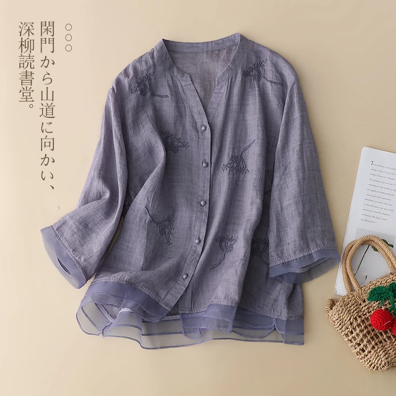 高端刺绣衬衫女士装2025夏季时尚新款妈妈复古洋气宽松七分袖上衣