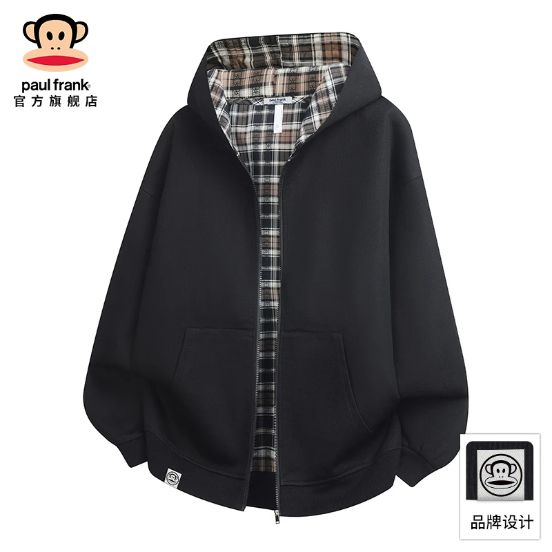 paul frank/大嘴猴连帽格子长袖卫衣外套男秋季休闲宽松开衫上衣