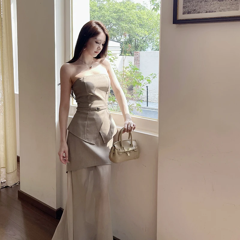 气质名媛高级感套装2025新款修身抹胸上衣包臀网纱拖地长裙两件套