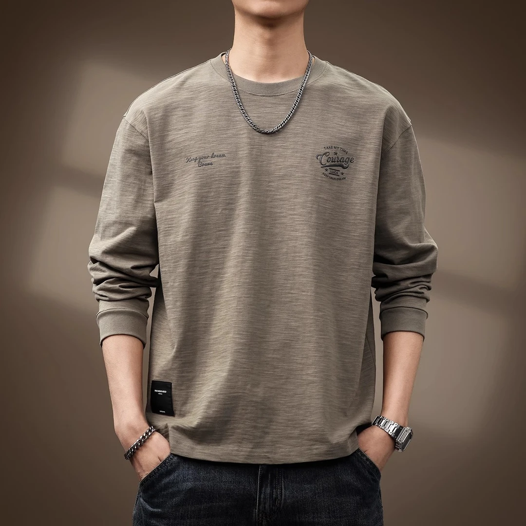 Cebrodz高端简约印花竹节棉长袖T恤男士春季新款复古宽松大码体恤