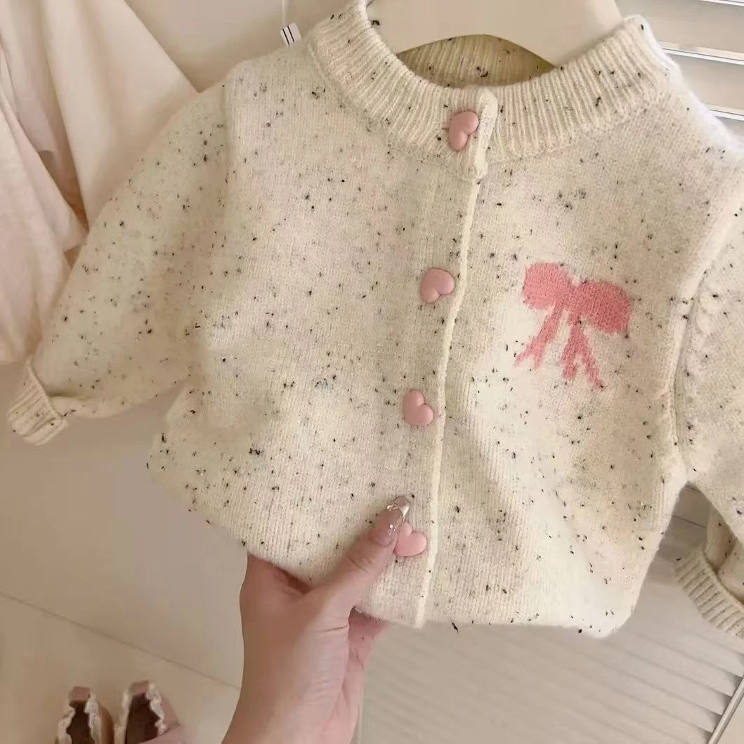 蝴蝶结波点女开衫上衣毛衣圆领宝宝休闲风春秋韩版长袖小童