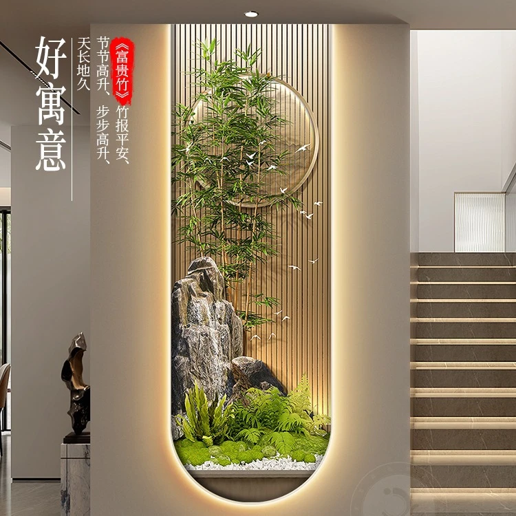新中式竹报平安玄关装饰画富贵竹入户细长条挂画楼梯走廊带灯壁画