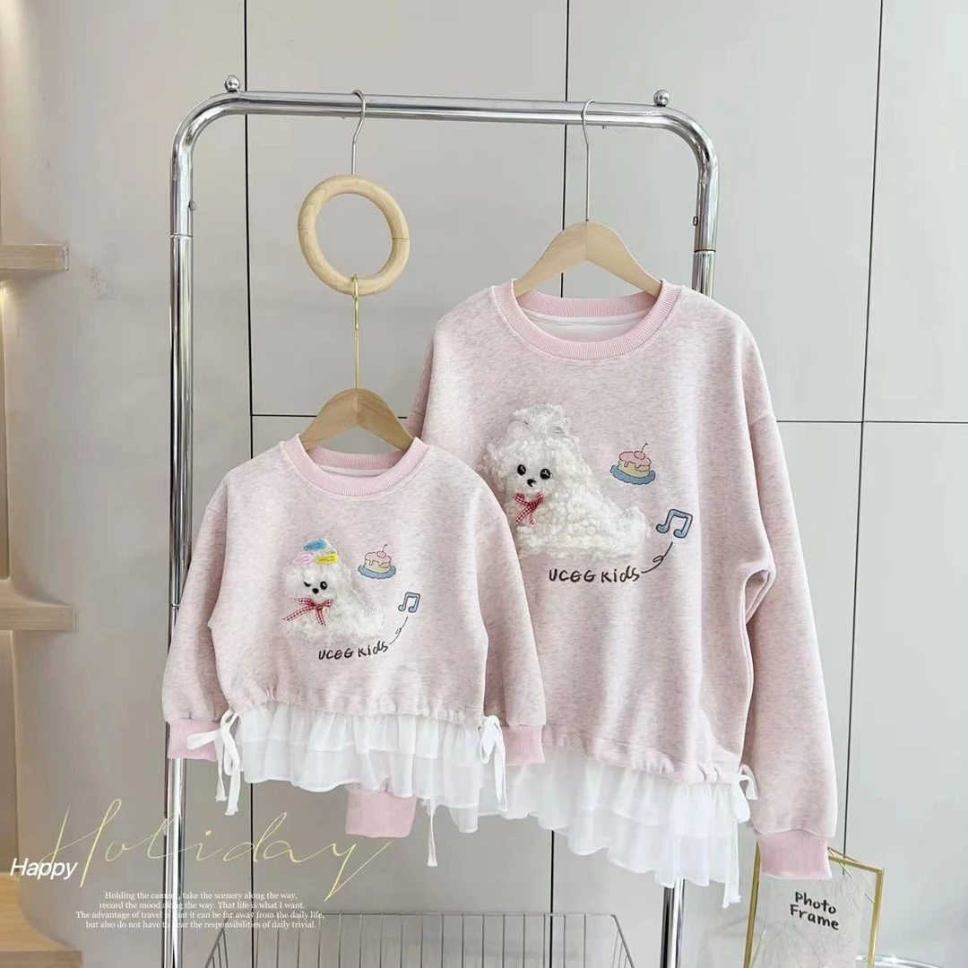 汤圆家童装2025秋季新款韩系甜美潦草小狗刺绣亲子卫衣 YA-2493