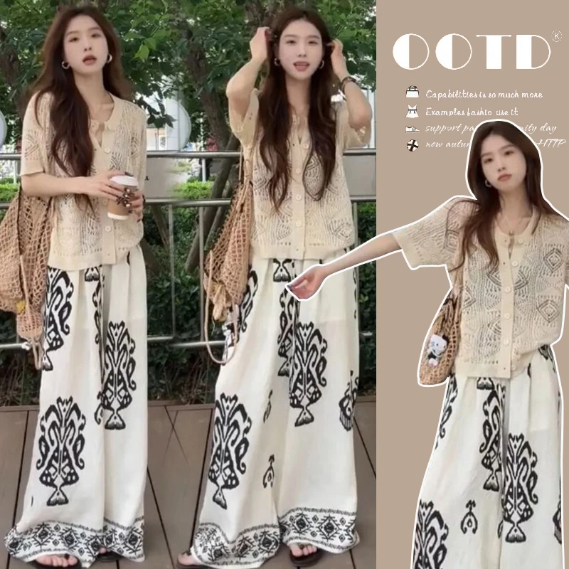 夏季孕妇装爆款洋气潮妈穿搭镂空针织上衣休闲复古阔腿裤三件套女